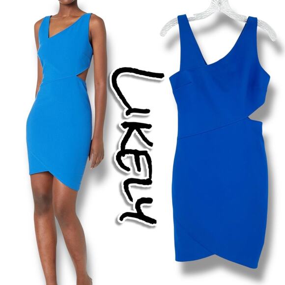 Likely Skylar Cutout Mini Dress Olympic Blue Asymmetric Bodycon Womens Size 2 - Picture 1 of 12
